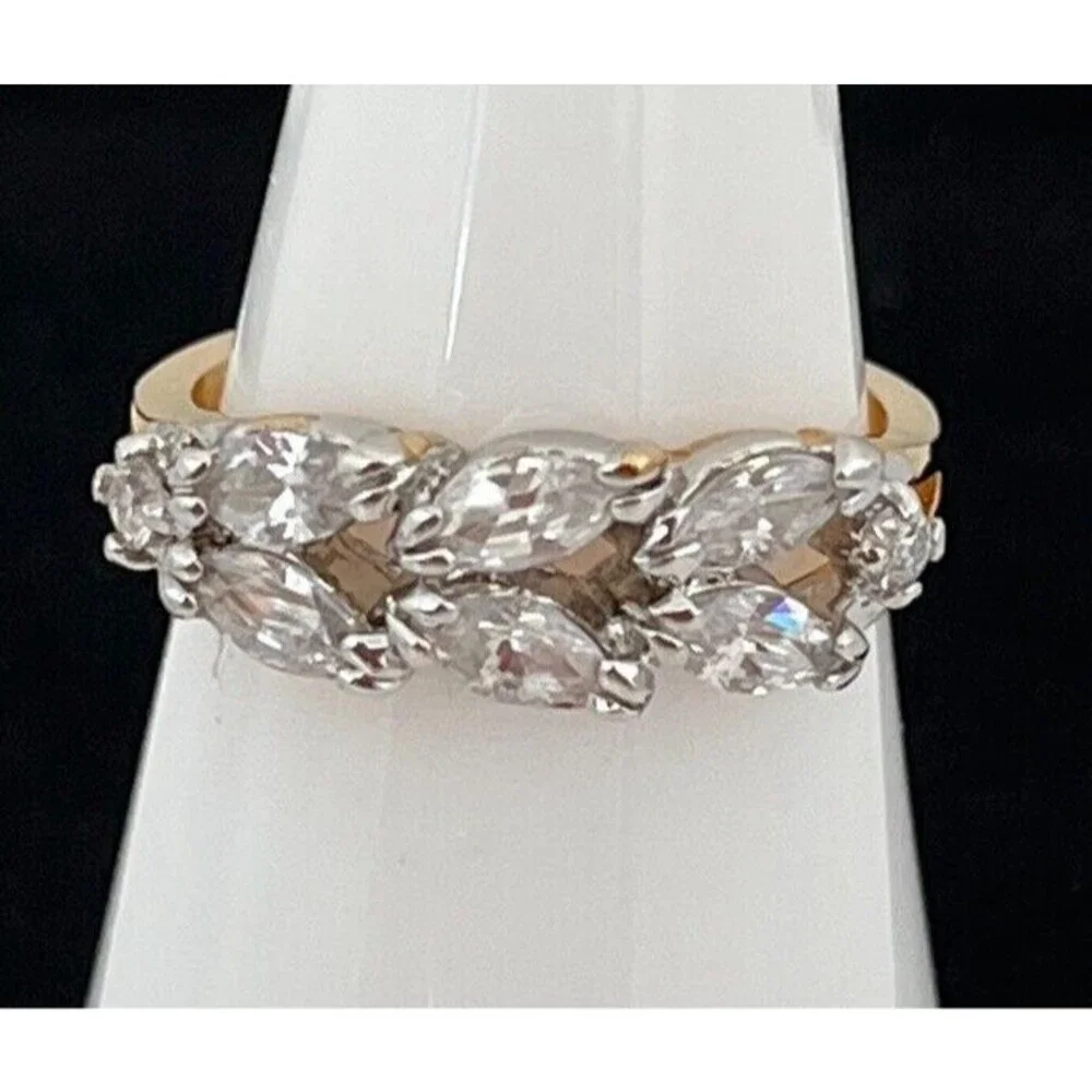 Vintage 1970s Ring Size 8 CZ Marquise Cluster Gold Plated Band - 14Q